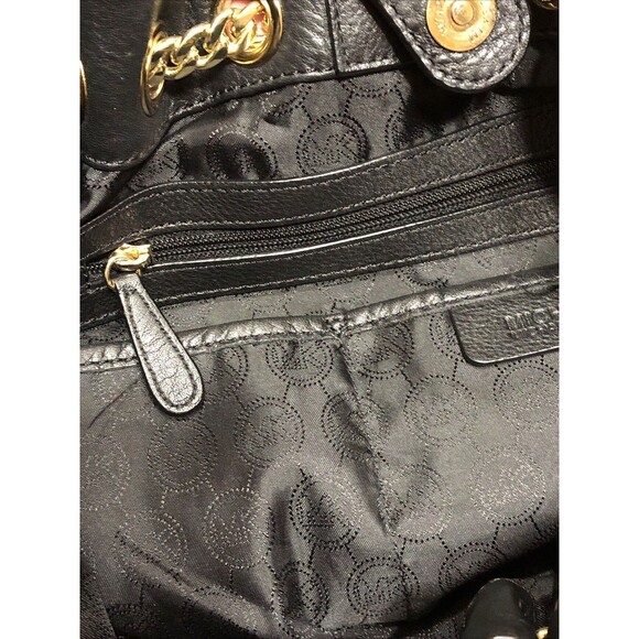 Michael Kors Handbag Shoulder Bag Tote Hobo Black Leather Gold Chain Straps - Picture 9 of 16